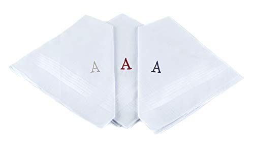 Initial Handkerchief for Men, Monogrammed Boxed 3 Piece Set,100% Cotton - color: A Initial