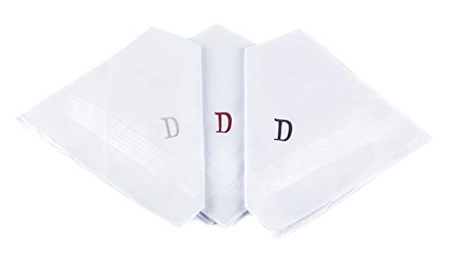 Initial Handkerchief for Men, Monogrammed Boxed 3 Piece Set,100% Cotton - color: D Initial