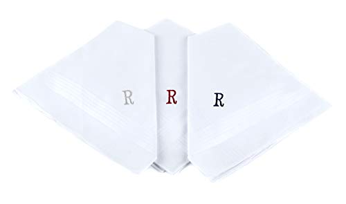 Initial Handkerchief for Men, Monogrammed Boxed 3 Piece Set,100% Cotton - color: R Initial