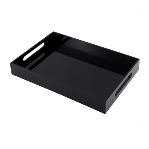 Black Tray 15x10” with Cut Handles - Large Plastic Tray for Ottoman Coffee Table, Kitchen, Office & Serving Guests - Modern Countertop Organizer & Ideal Decorative Tray - color: Black, size: 15" x 10" x 2"