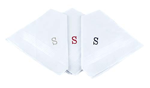 Initial Handkerchief for Men, Monogrammed Boxed 3 Piece Set,100% Cotton - color: S Initial