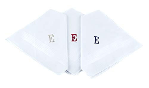 Initial Handkerchief for Men, Monogrammed Boxed 3 Piece Set,100% Cotton - color: E initial