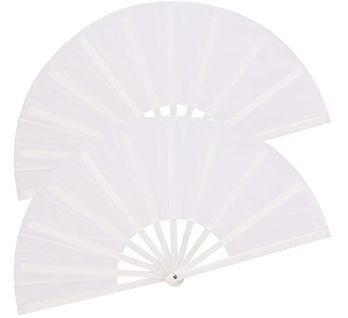 2 Pack Large Folding Hand Fan, White Chinese Kung Fu Tai Chi Nylon-Cloth Fan for Men and Women Performance, Dance, Decorations, Festival, Gift - color: White