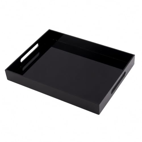Black Tray 16x12” with Cut Handles - Large Plastic Tray for Ottoman Coffee Table, Kitchen, Office & Serving Guests - Modern Countertop Organizer & Ideal Decorative Tray - color: Black, size: 16" x 12" x 2"