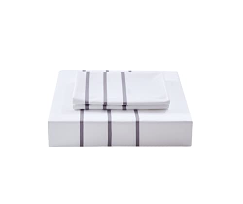 Karen 3 Pieces White Duvet Cover Set Without Filling Grey Stripe Trim 100% Egyptian Cotton 300 Thread Count Soft Sateen Hotel Collection Zipper Closure Corner Ties (White Grey, Queen)… - color: White Grey, size: Queen