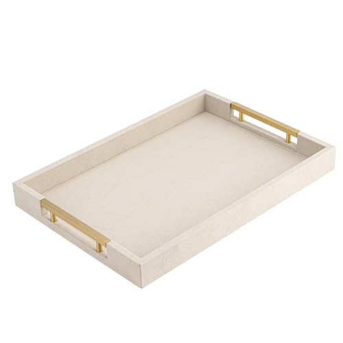 Beige Faux Leather Serving Tray with Handles – Large Decorative Tray for Coffee Table, Ottoman, Living Room, Bathroom – Home Decor - color: Beige, size: 17" x 12" x 2"