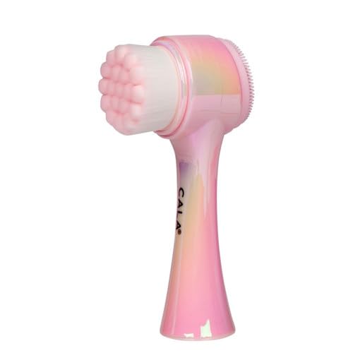 CALA Dual-Action Facial Cleansing Brush, Iridescent Pink, Soft Silicone and Microfine Bristles