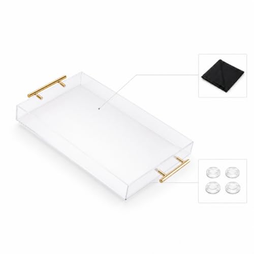 Clear Acrylic Tray 20x12” with Golden Metal Handles - Large Plastic Tray for Serving Guests, Countertop Organization, Ottoman Coffee Table & Vanity – Modern Decorative Tray for Home & Office - color: Golden Handles - Transparent, size: 20" x 12" x 2"