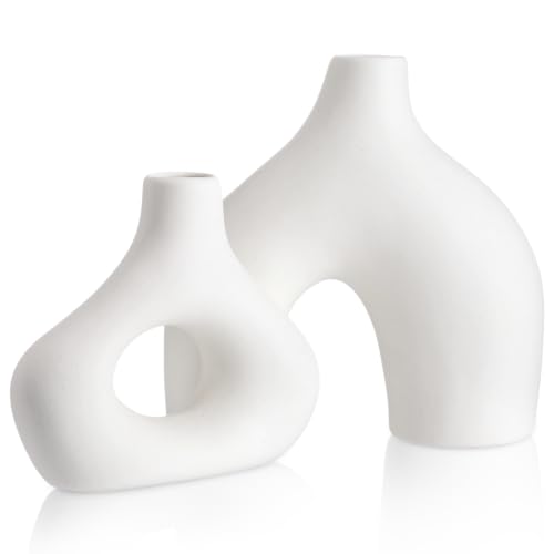 Patelai Set of 2 Mid Century Modern Home Decor Donut Vases, White - color: White