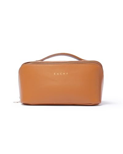 EACHY Travel Makeup Bag for Women, PU Leather Cosmetic Bag, Brown, Medium - color: A - Brown, size: Medium