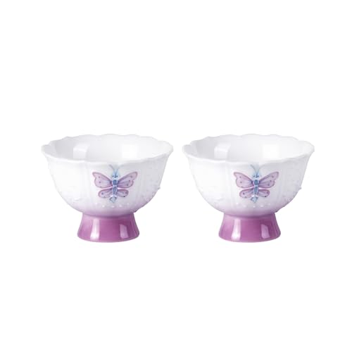 KAMMAK Tea Cup, 1.3oz Mini Porcelain Tea Cups Set of 2, Ceramic Teacups with Short Stem, Cute Teacup Set for Home, Tea Party, Chinese Kungfu Tea Set for Hot/Cold Drink (Purple Curtain Butterfly) - style: 719N Purple Butterfly
