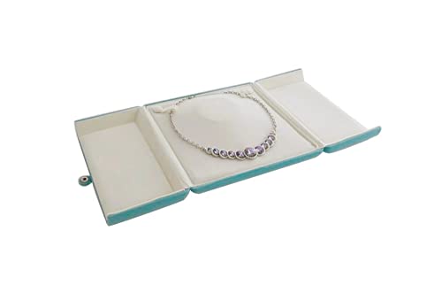 Aqua Teal Velvet Jewelry Box for Large Necklace Luxury Pearl Strand Presentation Case, Tri-Panel Flat Open Design, Button Clip Closure, Cream Velvet Interior, Gift Box for Wedding Birthday - color: Large Necklace Pearl Case