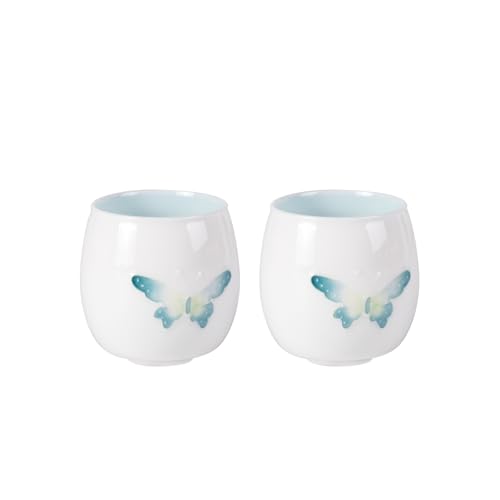 KAMMAK Tea Cup, 2.3oz Small Tea Cups Set of 2, White Porcelain Tea Cups, Ceramic Teacups for Home, Party, Office, Chinese Kungfu Tea Set for Hot/Cold Drink (Blue Butterflies) - style: 712N Blue Butterfly