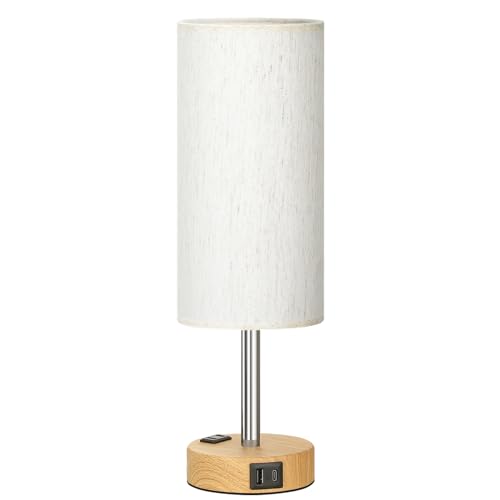 Fenmzee Bedside Table Lamp for Bedroom - Dimmable Touch, USB A+C, AC Outlet - color: Cream Shade-Wood Base, size: 14"