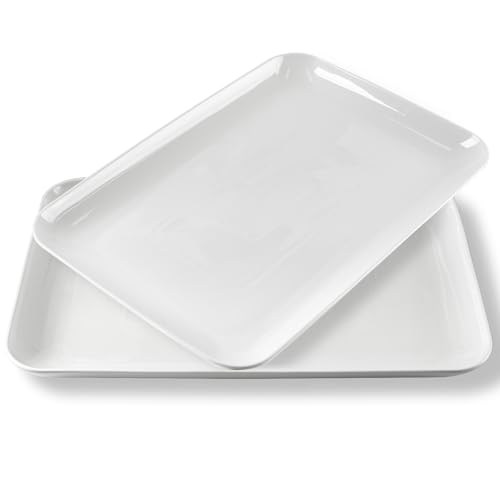DELLING 18 Inch Large Serving Platter Set of 2, White Porcelain Serving Trays 18" x 12.3", Rectangular Platters for Turkey Fruit Appetizer Party, Oven Microwave Dishwasher Safe, Wedding Entertaining - color: White, size: 18inch