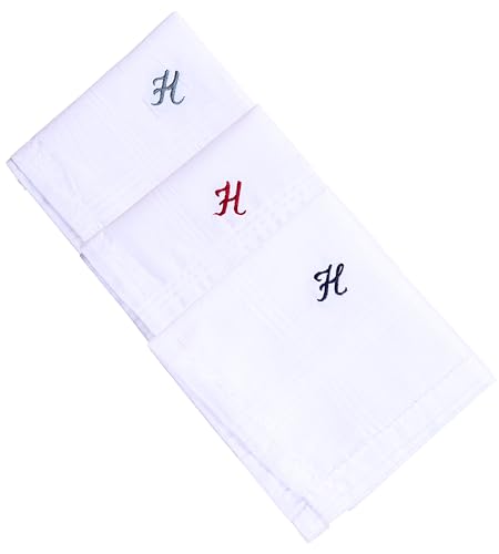Monogrammed Handkerchiefs for Men 3-Pack Cotton, White Hankies - color: H