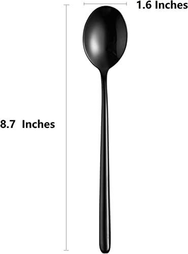 Ouliget Steel Black Soup Spoon, Long handled Great Circle Spoons,Korean Long Handle Soup Spoon,8 Pieces,8.7x1.6 Inches.