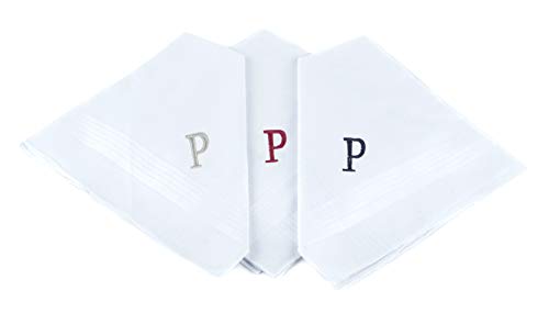 Initial Handkerchief for Men, Monogrammed Boxed 3 Piece Set,100% Cotton - color: P Initial