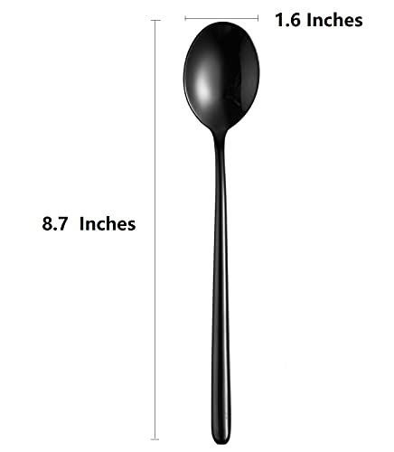 Steel Black Soup Spoon, Long handled Great Circle Spoons,Korean Long Handle Soup Spoon,4 Pieces,8.7x1.6 Inches - size: Black 8.7x1.6 inches