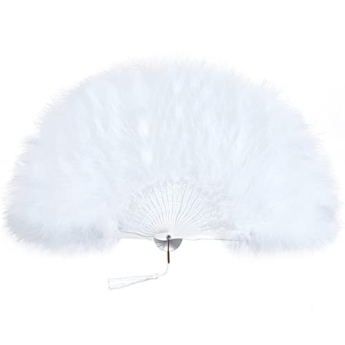 BABEYOND 1920s Marabou Feather Folding Hand Fan - color: White