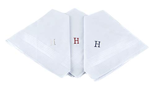 Initial Handkerchief for Men, Monogrammed Boxed 3 Piece Set,100% Cotton - color: H Initial