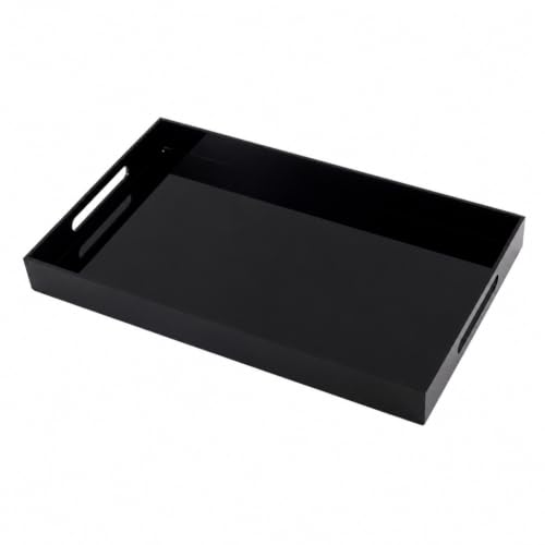 Black Tray 20x12” with Cut Handles - Large Plastic Tray for Ottoman Coffee Table, Kitchen, Office & Serving Guests - Modern Countertop Organizer & Ideal Decorative Tray - color: Black, size: 20" x 12" x 2"