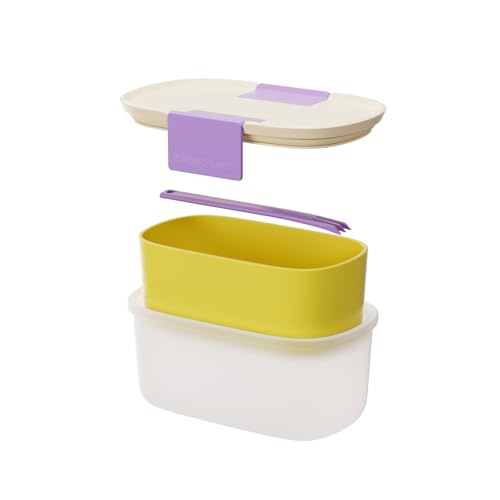 CHAKO LAB Fruit Storage Containerswith Removable Colander, Built-in fruit fork, Food Storage Containers with Lids 21oz(lemon) - color: lemon
