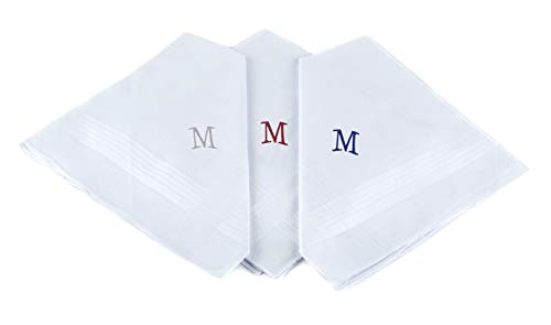 Initial Handkerchief for Men, Monogrammed Boxed 3 Piece Set,100% Cotton - color: M Initial