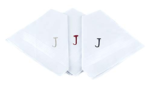 Initial Handkerchief for Men, Monogrammed Boxed 3 Piece Set,100% Cotton - color: J Initial
