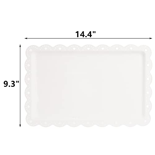 Peohud 12 Pack White Plastic Serving Tray with Lace Rim, Rectangle Food Trays, Disposable Serving Platters and Trays for Party, Wedding, Restaurant, 14.4" x 9.3"