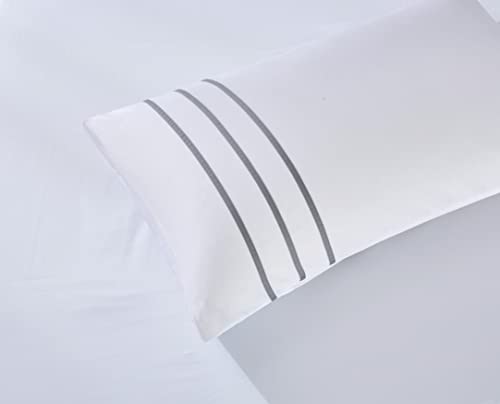 Karen 3 Pieces White Duvet Cover Set Without Filling Grey Stripe Trim 100% Egyptian Cotton 300 Thread Count Soft Sateen Hotel Collection Zipper Closure Corner Ties (White Grey, Queen)… - color: White Grey, size: Queen