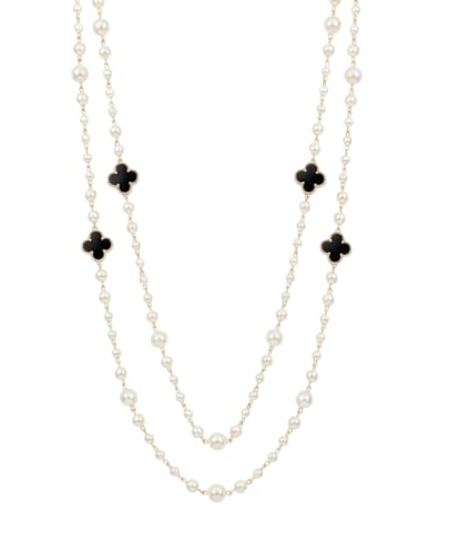 Long Pearl Necklace for Women Layered Lucky Clover Jewelry Gift - color: Black Clover