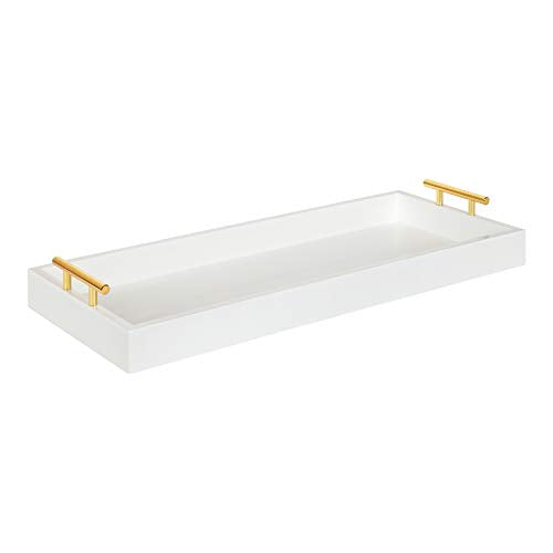Kate and Laurel Lipton Narrow Decorative Tray with Polished Metal Handles, White and Gold - color: White/Gold