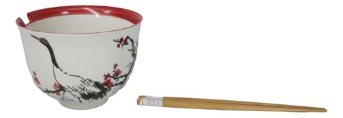 Ebros Gift Artistic Donburi Ramen Udon Noodles Soup Salad 5" D 18Oz Bowl With Bamboo Chopsticks And Built In Rest Set Asian Dining Kitchen Accent (White Japanese Crane On Cherry Blossoms) - color: White Japanese Crane On Cherry Blossoms