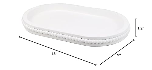 Hrastany White Oval Wood Coffee Table Serving Tray with Beads for Ottoman - color: Oval White, size: 15" x 9" x 1.2"
