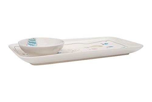 Creative Co-Op Coastal Stoneware Serving Platter and Dip Dish with Mermaid and Sea Life Illustrations, Multicolor - size: 11-3/4"L x 5-3/4"W