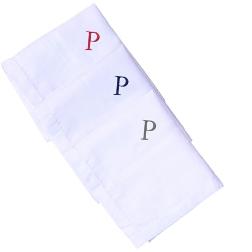 Monogrammed Handkerchiefs for Men 3-Pack Cotton, White Hankies - color: P
