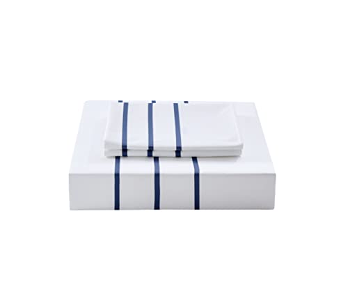 Karen Duvet Cover Set 3 pcs(1 Duvet Cover+2 Pillowcases) 100% Cotton Sateen Woven White Background with Navy Stripe Zipper Closure(White Navy,California King) - color: White Navy, size: California King