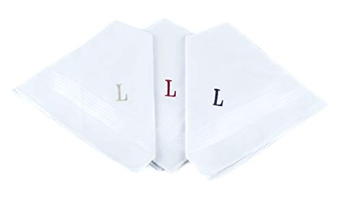 Initial Handkerchief for Men, Monogrammed Boxed 3 Piece Set,100% Cotton - color: L Initial