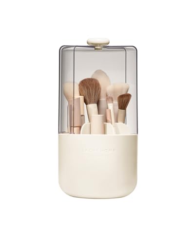 EACHY Makeup Brush Holder with Lid, Rotating Makeup Brush Organizer, Beige - color: Beige