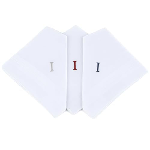 Initial Handkerchief for Men, Monogrammed Boxed 3 Piece Set,100% Cotton - color: I Initial