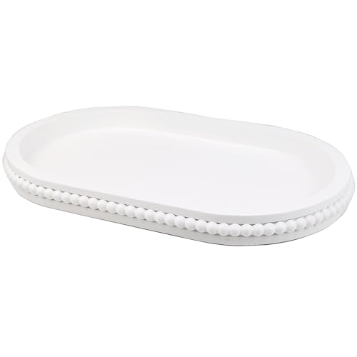 Hrastany White Oval Wood Coffee Table Serving Tray with Beads for Ottoman - color: Oval White, size: 15" x 9" x 1.2"