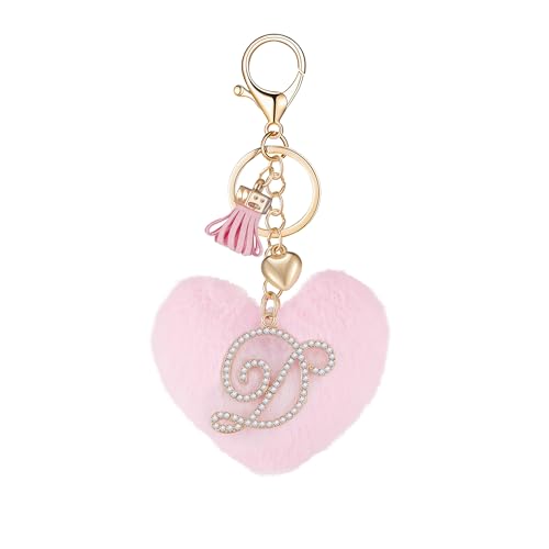 Initial Letter Heart Pom Pom Keychain for Women Pink Soft Fluffy Ball Key Ring for Purse Backpack Handbag - color: D