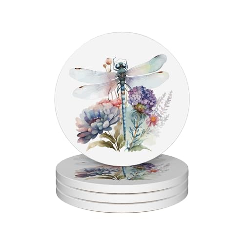Drinks Coasters Set of 4, Dragonfly Wildflower Round 4" Cup Coasters, Absorbent Ceramic Stone Coasters with Cork Base, Cute Coasters for Table Home Décor, Ideal Gifts for Women Men - color: Dragonfly Wildflower