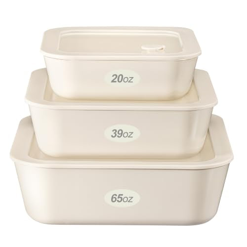Urban Green Ceramic Coated Glass Food Storage Container with Airtight Glass Lid, Square Meal Prep Container, 20oz, 39oz, 65oz, microwave and Oven Safe, Non-Toxic Lunch Box, Cream color - color: Coconut Cream-3S