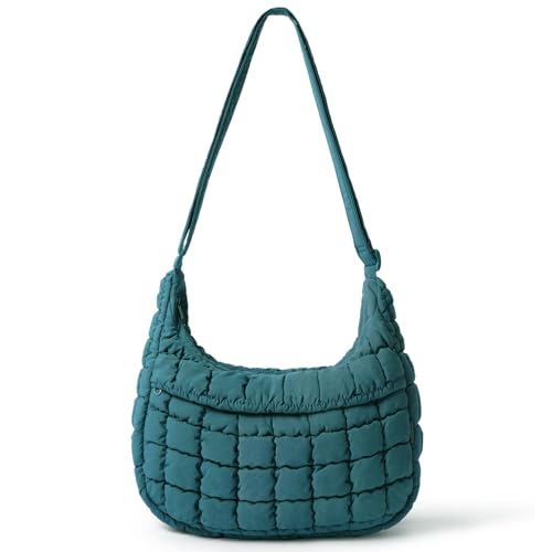 Puffer Crossbody Hobo Bag for Women Nylon Quilted Purse Lightweight Shoulder Handbag with Adjustable Strap - color: 04-peacock Blue
