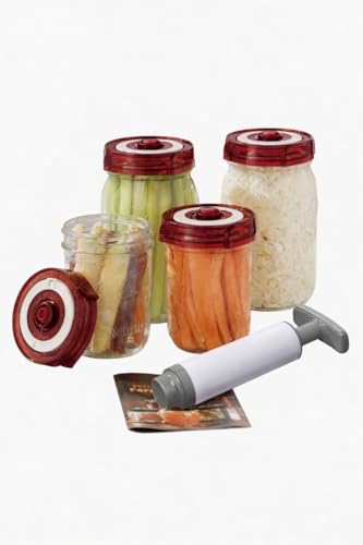 Home Fermentation Kit With 4 Wide Mouth Fermenting Lids With Airlocks, Oxygen Extraction Pump, Ideal For Sauerkraut, Kimchi, Pickles & Fermented Vegetable (Burgundy) - color: Burgundy