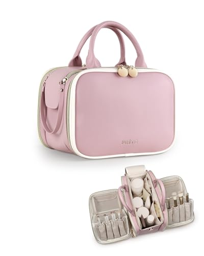 Prite Large Makeup Bag, Waterproof Travel Cosmetic Case with Brush Holder - color: Pink, size: Large
