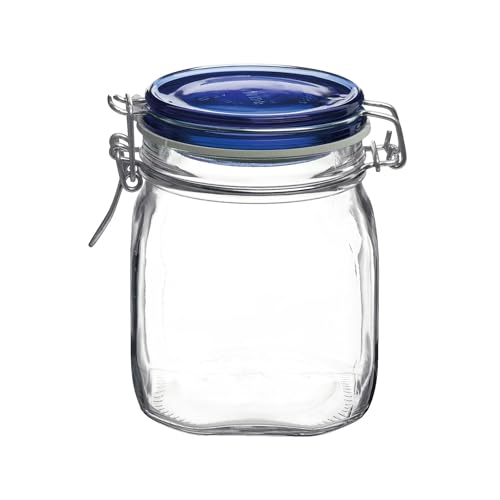 Bormioli Rocco Fido Glass Canning Jar, Airtight Storage Container with Blue Lid - 25.25 oz Clamp Lock Canister for Preserving Foods, Dry Goods & Pantry Organization - Italian Made Glass - color: Clear, size: 25.25 fl oz