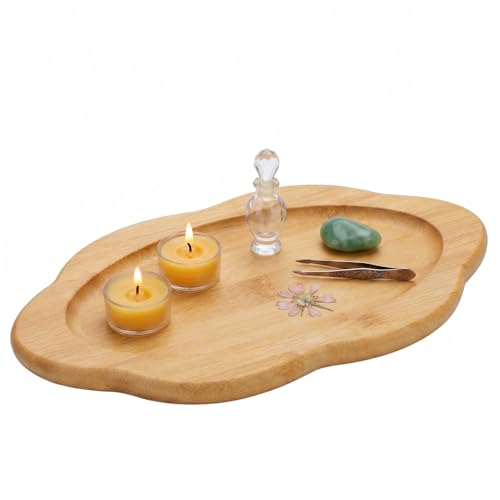 Rtteri Scalloped Serving Tray Small Bamboo Wood Tray for Bathroom 9.8 x 5.5 x 0.6 Inch Decorative Oval Wooden Display Plate for Candles Table Dining Room Living Room Vanity Home Decorations - color: Bamboo